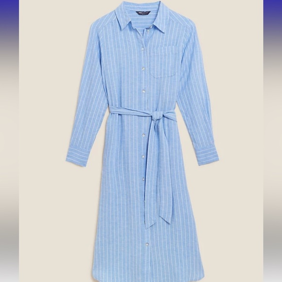 M&S Collection Blue Stripes Linen Blend Midi Shirt Dress - Picture 2 of 15